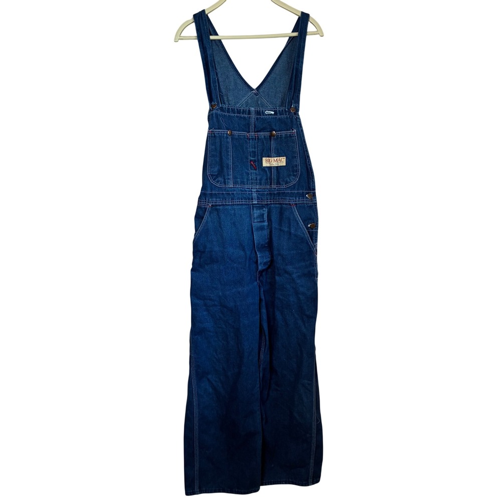 Vintage Big Mac Mens Denim Bib Overalls Square Bak Made in USA Blue 34x28